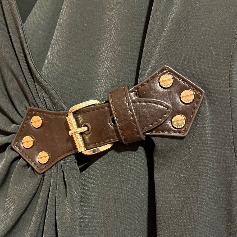 #186 Michael Kors Dark Olive / Forest Green Wrap Style Blouse Top Buckle Accent - Picture 3 of 5
